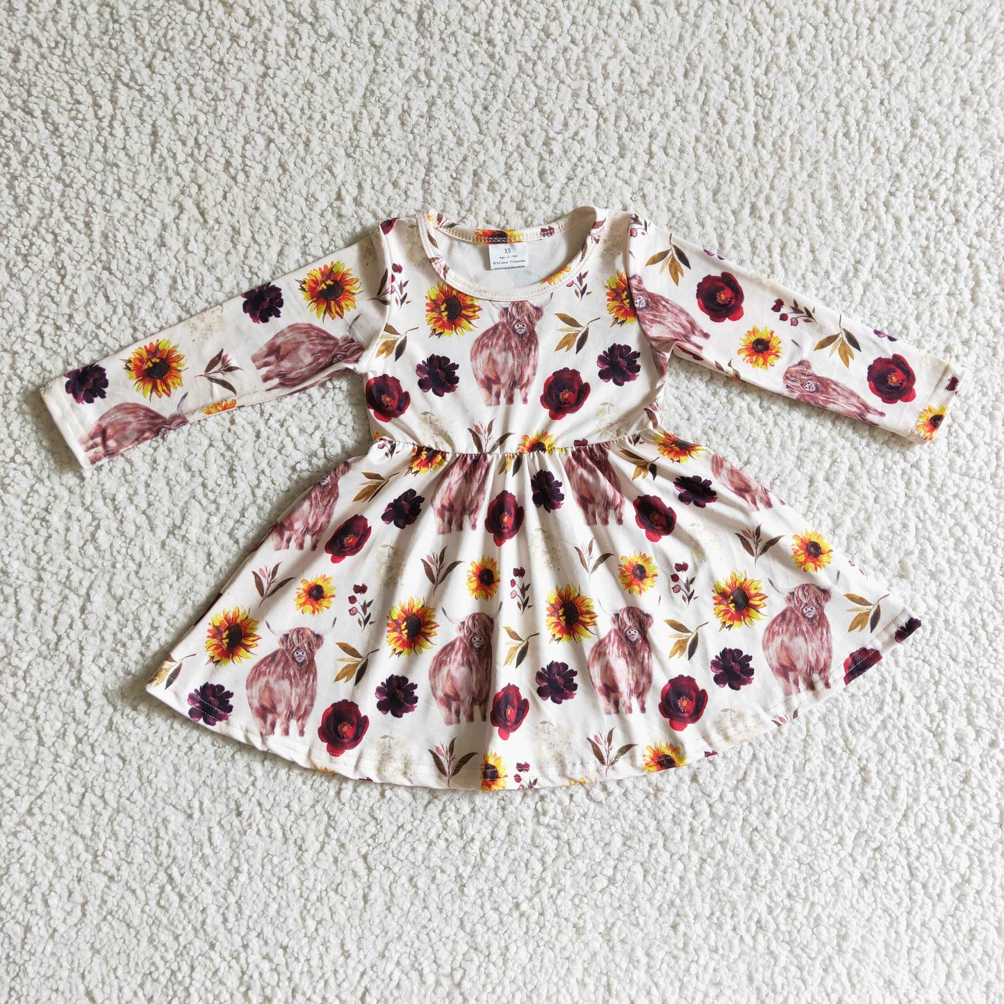 Highland cow floral long sleeves baby girls twirl dresses