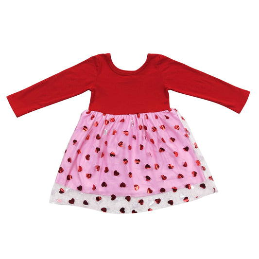 Red long sleeves heart tulle baby girls valentine's dresses