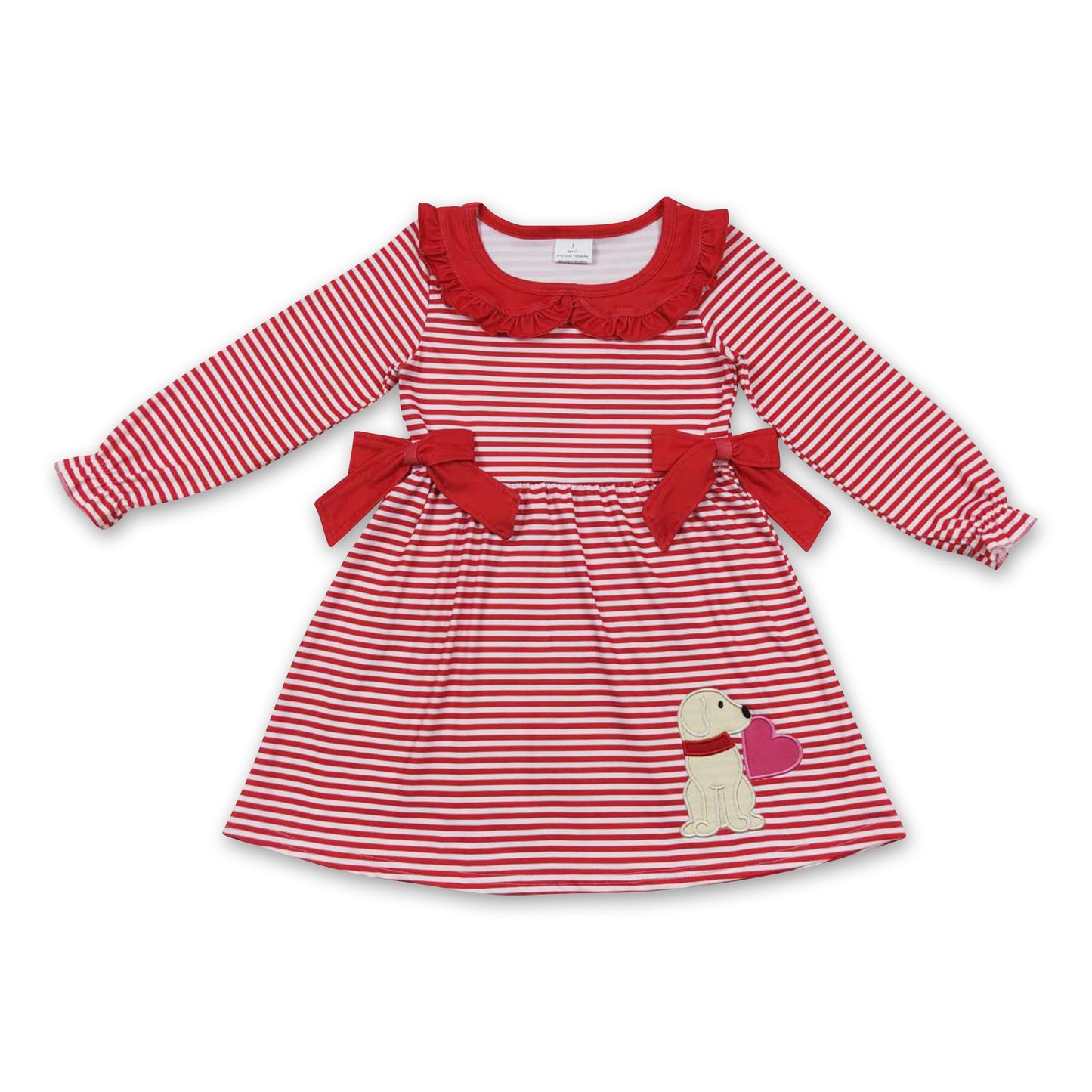 Dog heart red stripe long sleeves girls valentine's dress