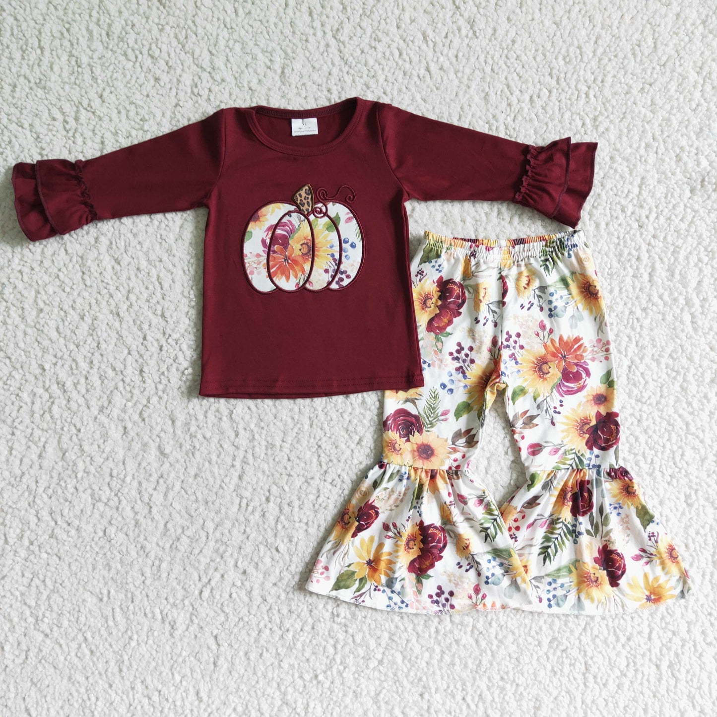 Maroon pumpkin embroidery bell bottom pants girls fall outfits