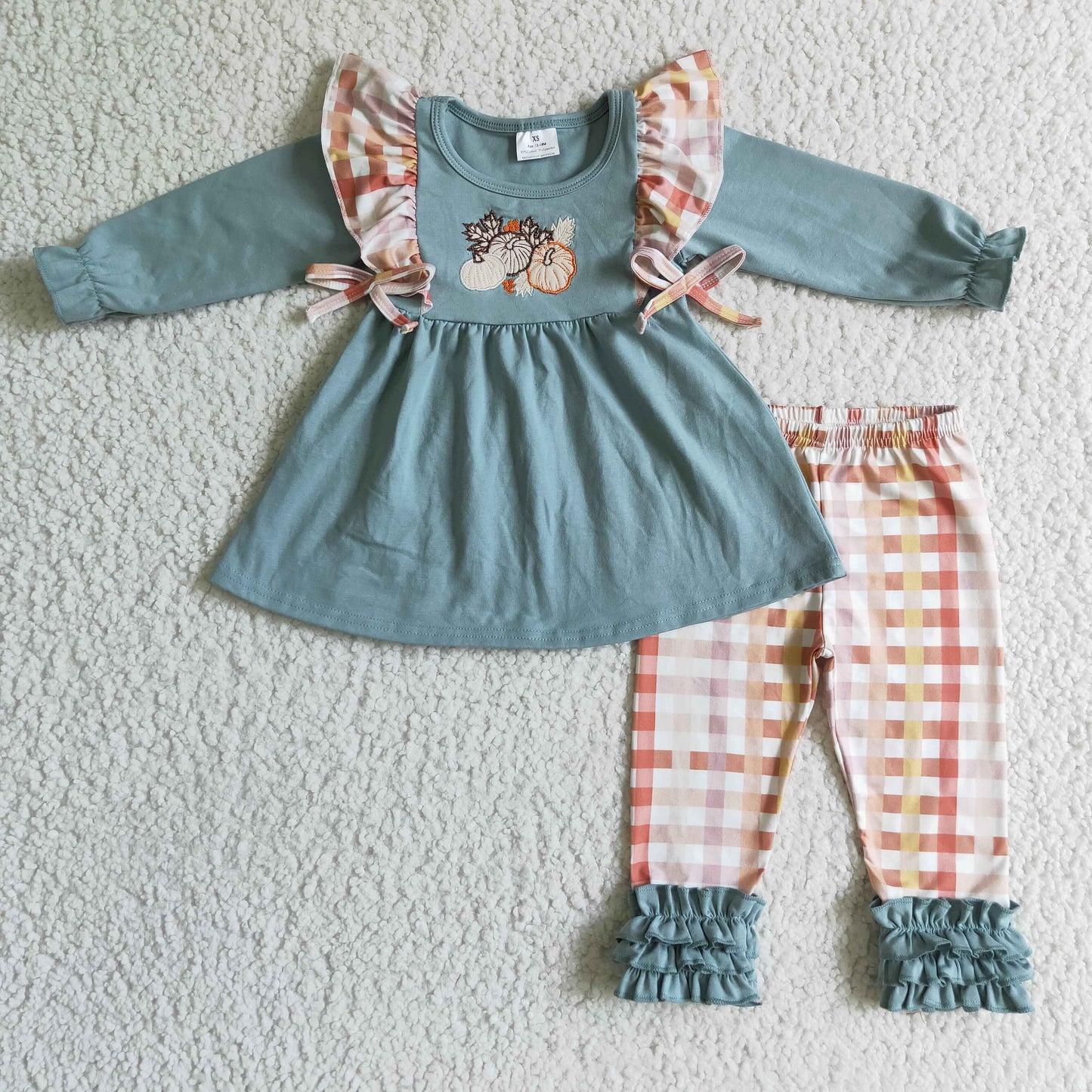 Pumpkin embroidery tunic plaid leggings girls fall clothes