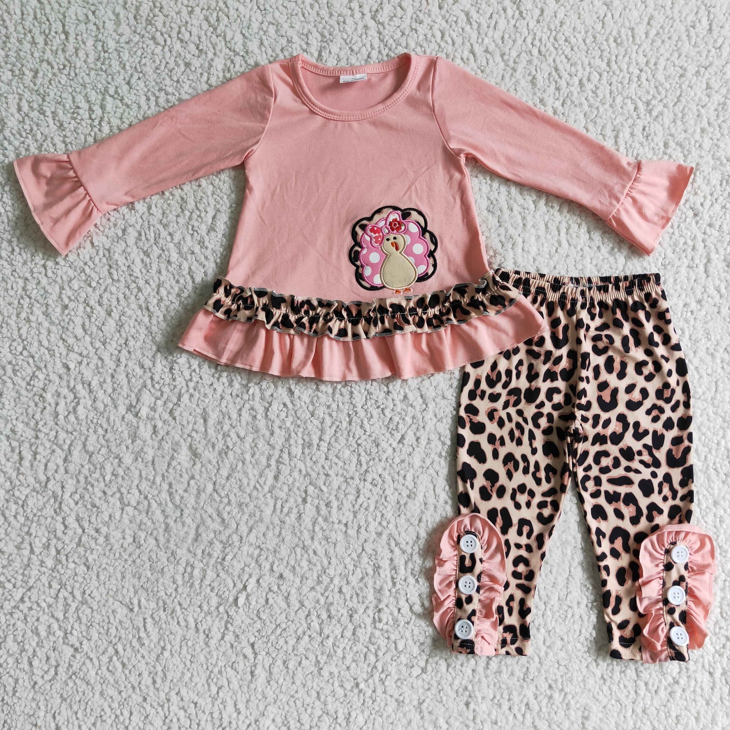 Pink turkey embroidery leopard leggings baby girls Thanksgiving outfits