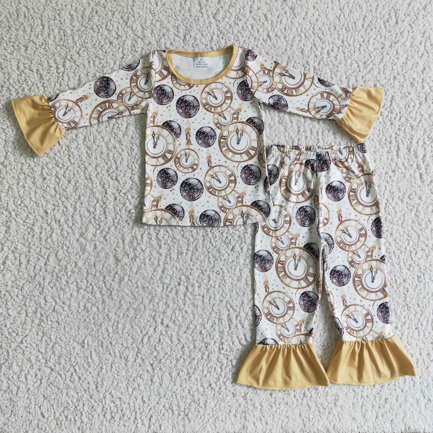 Clock print long sleeves kids girls Happy New Year pajamas