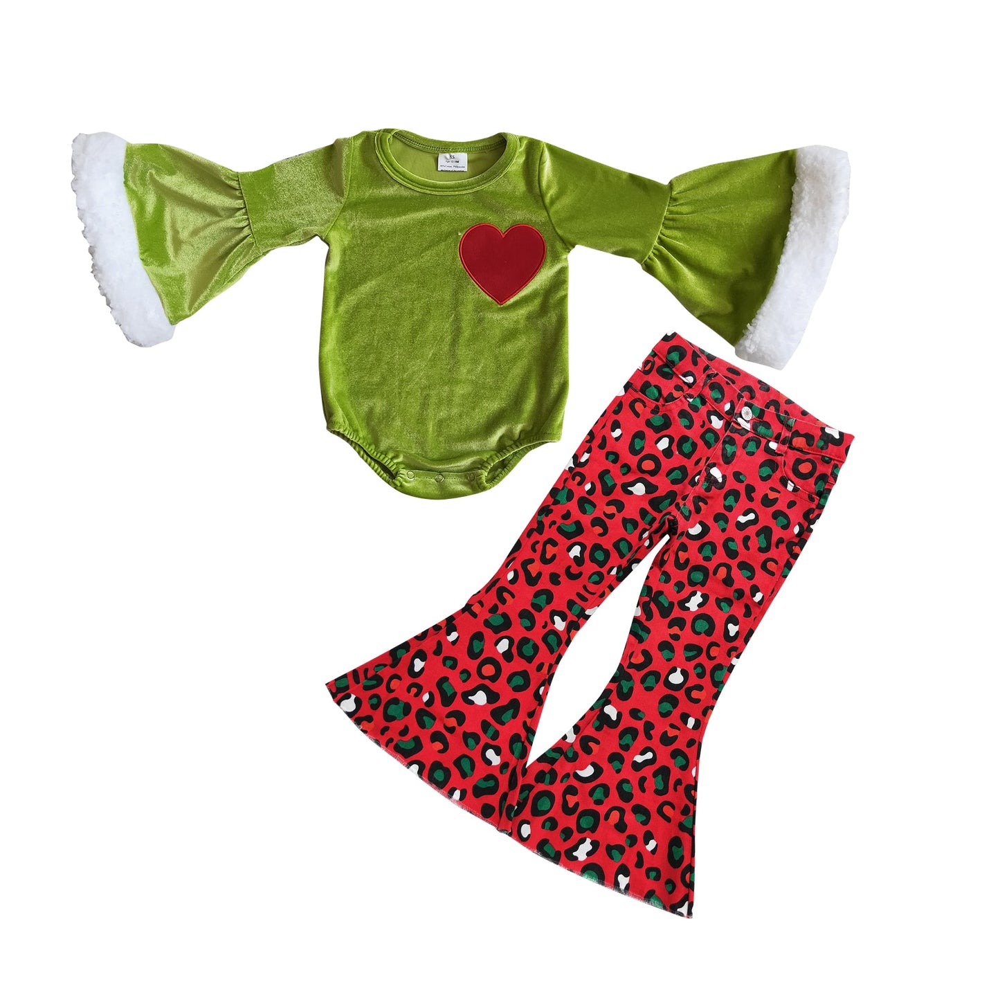 Heart embroidery green face romper leopard jeans girls Christmas outfits