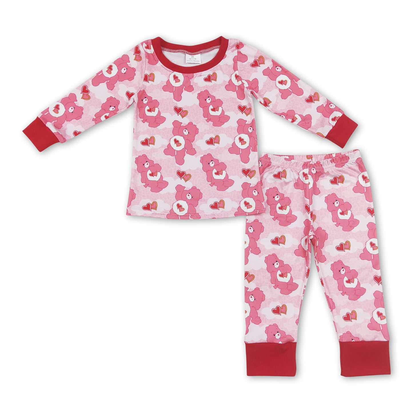 Pink heart bear long sleeves girls valentine's pajamas
