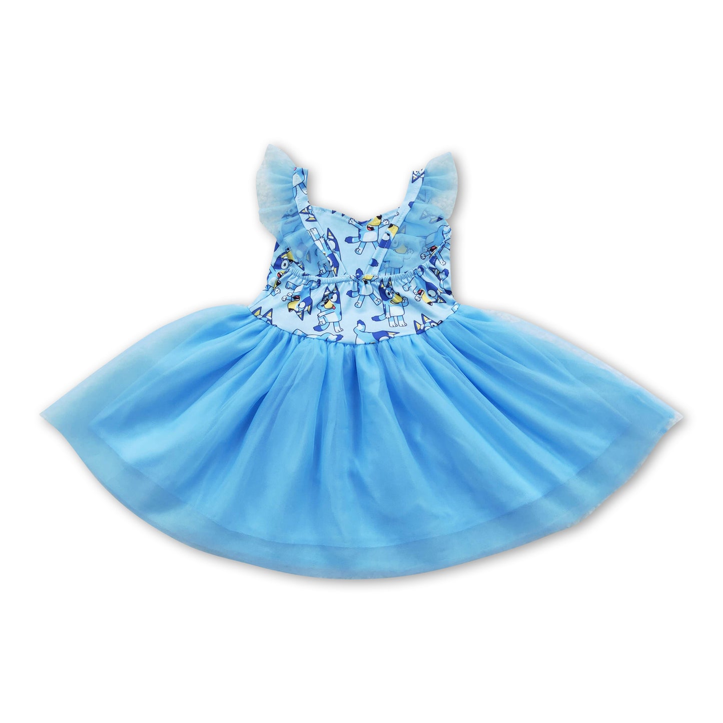 Blue dog flutter sleeves tulle baby girls dress