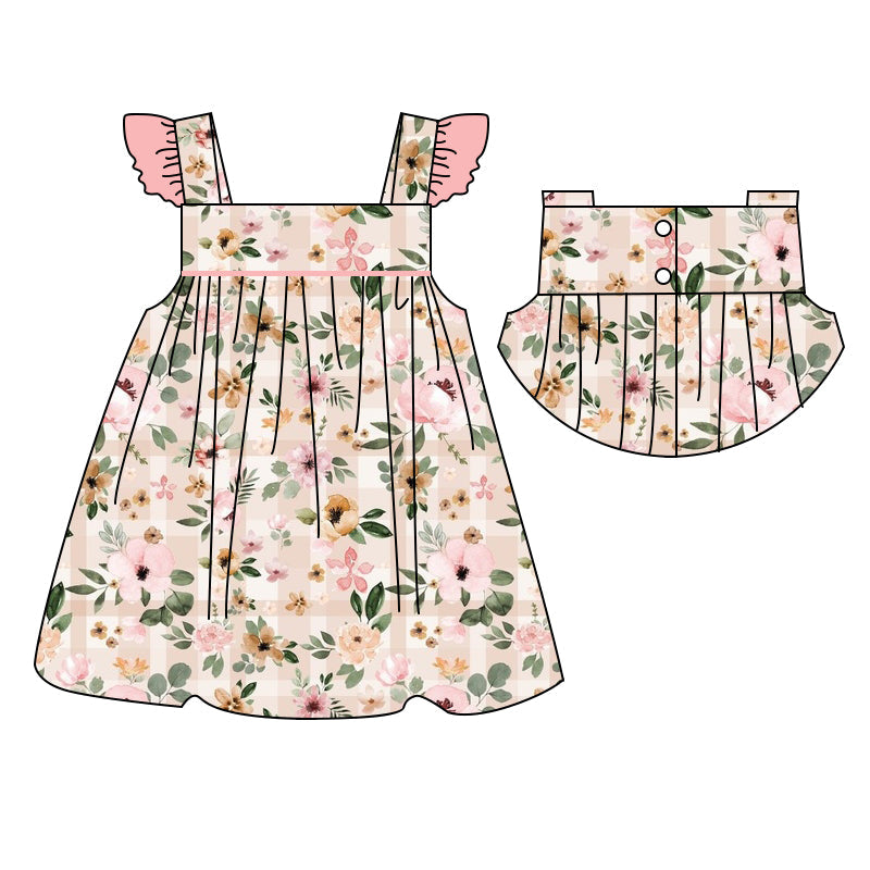 Flutter sleeves floral plaid baby girls summer dress