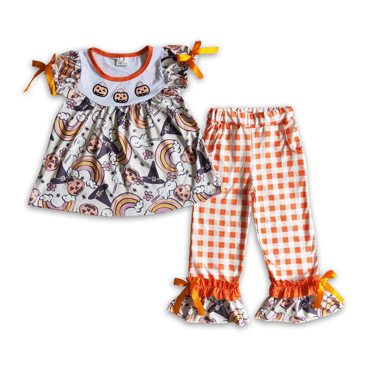 Pumpkin basket embroidery rainbow ghost kids girls Halloween clothes