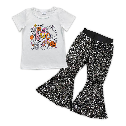 Ghost boo shirt black sequin pants girls Halloween clothes