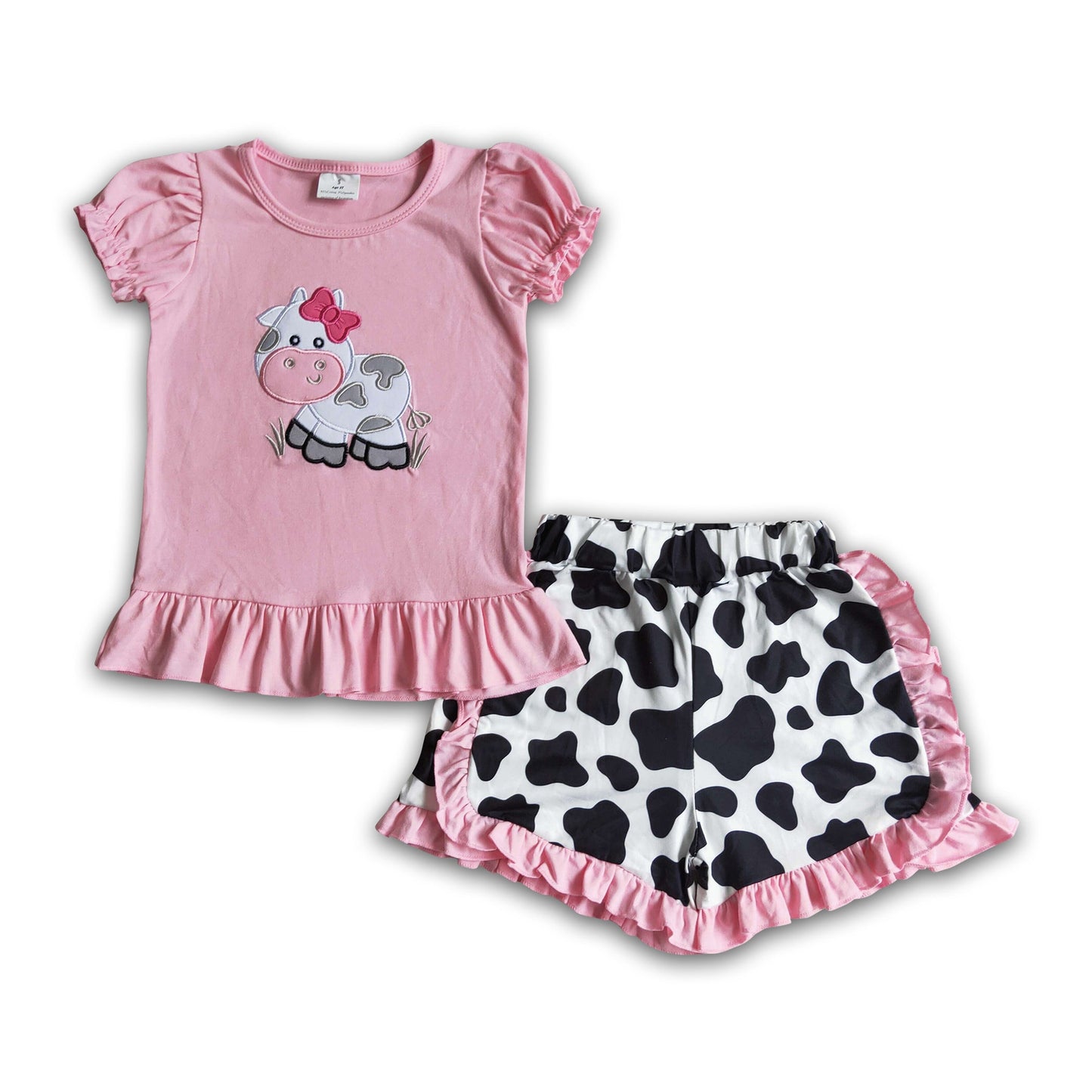 Pink cow embroidery girls farm clothes