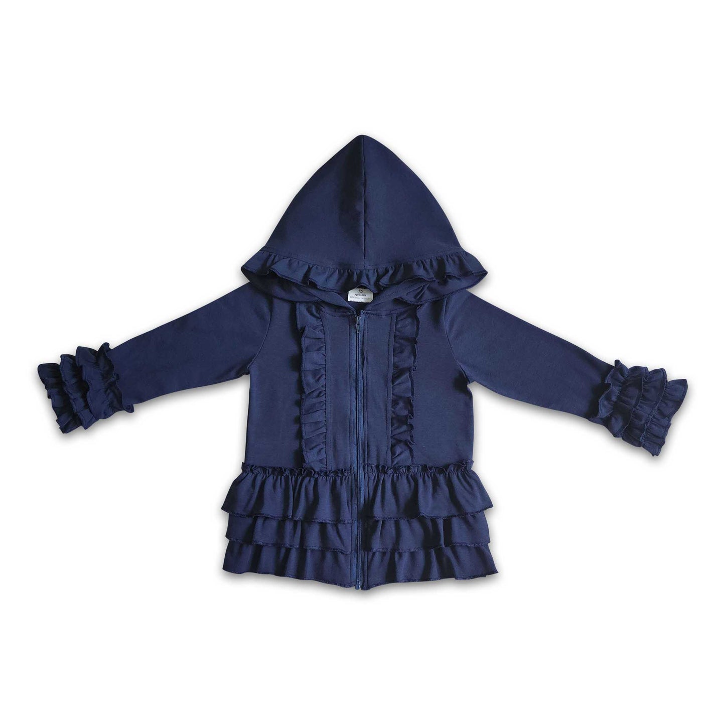 Solid blue zipper jacket girls ruffle hoodie cardigan