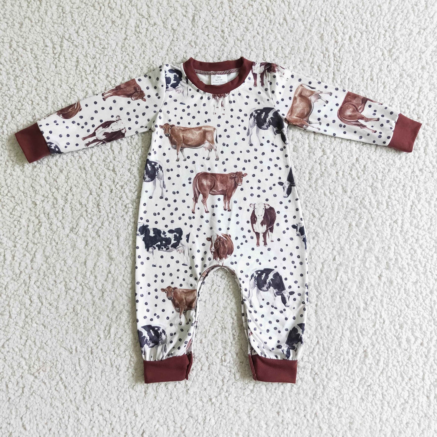Polka dots cows long sleeve brown baby boy romper