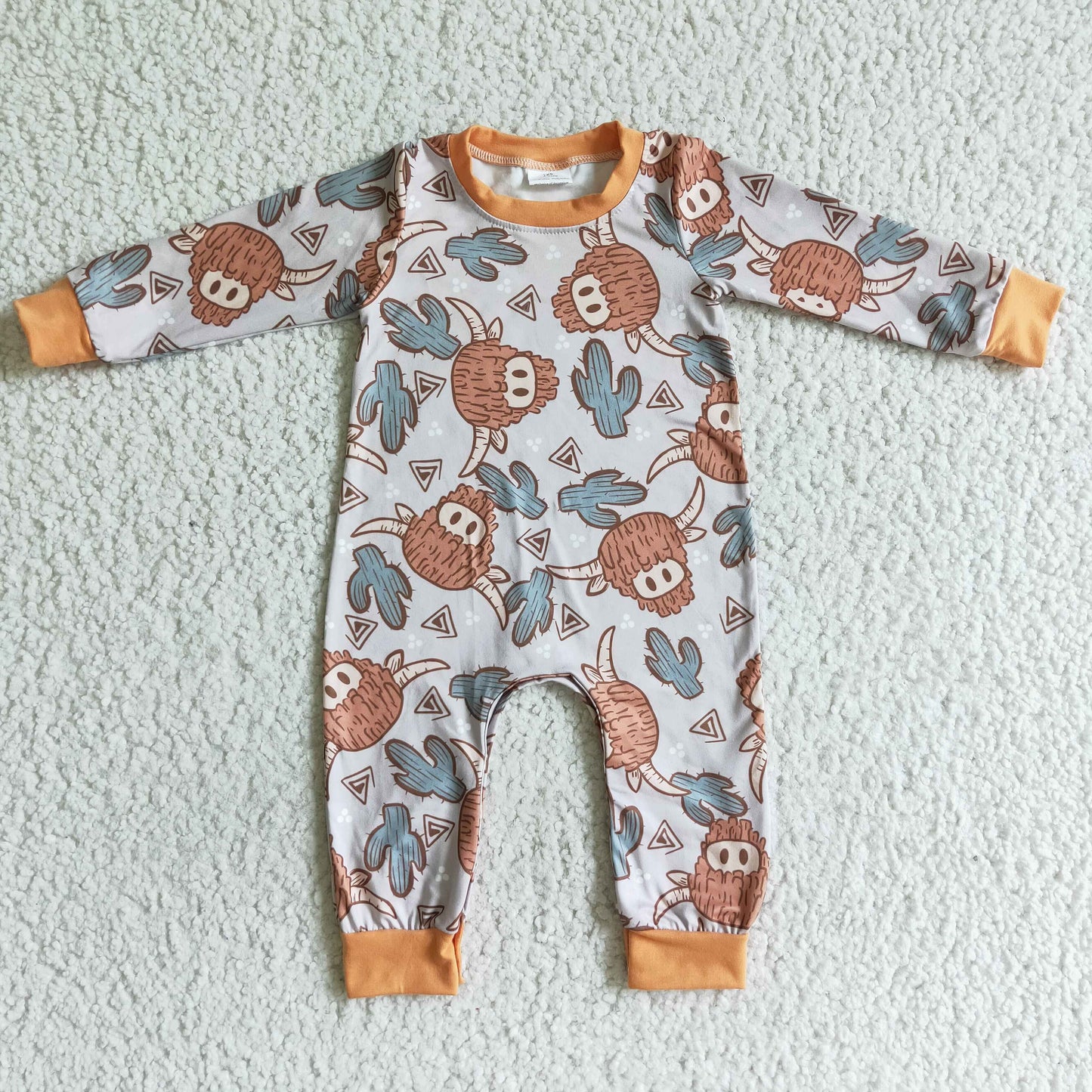 Highland cow cactus long sleeve brown baby boy romper