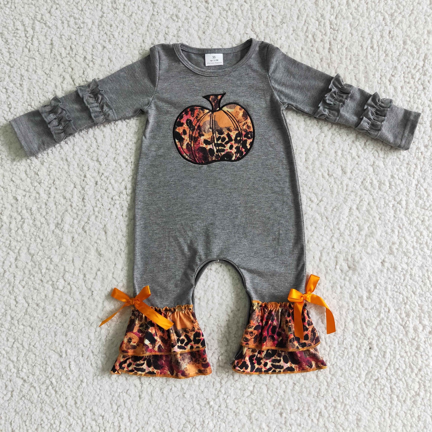Grey cotton pumpkin leopard baby girls fall romper