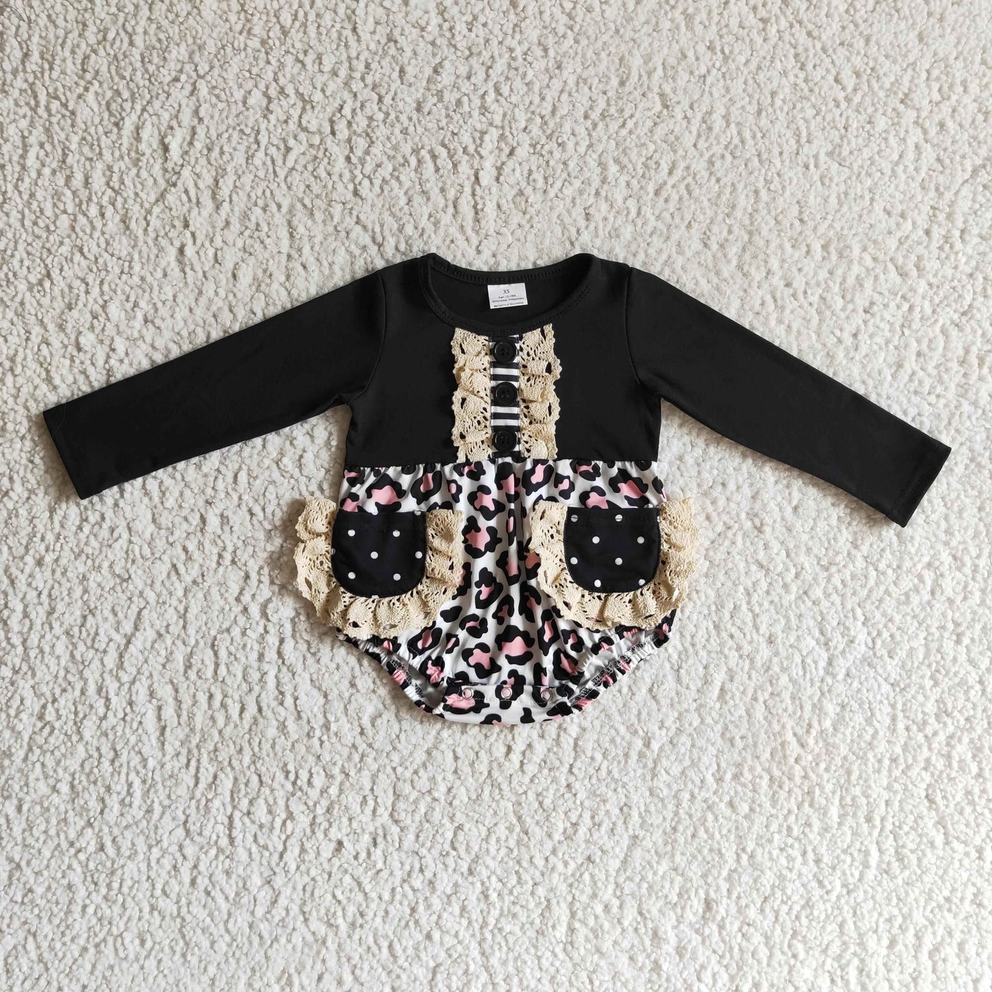 Leopard lace pocket romper baby girls fall bubble
