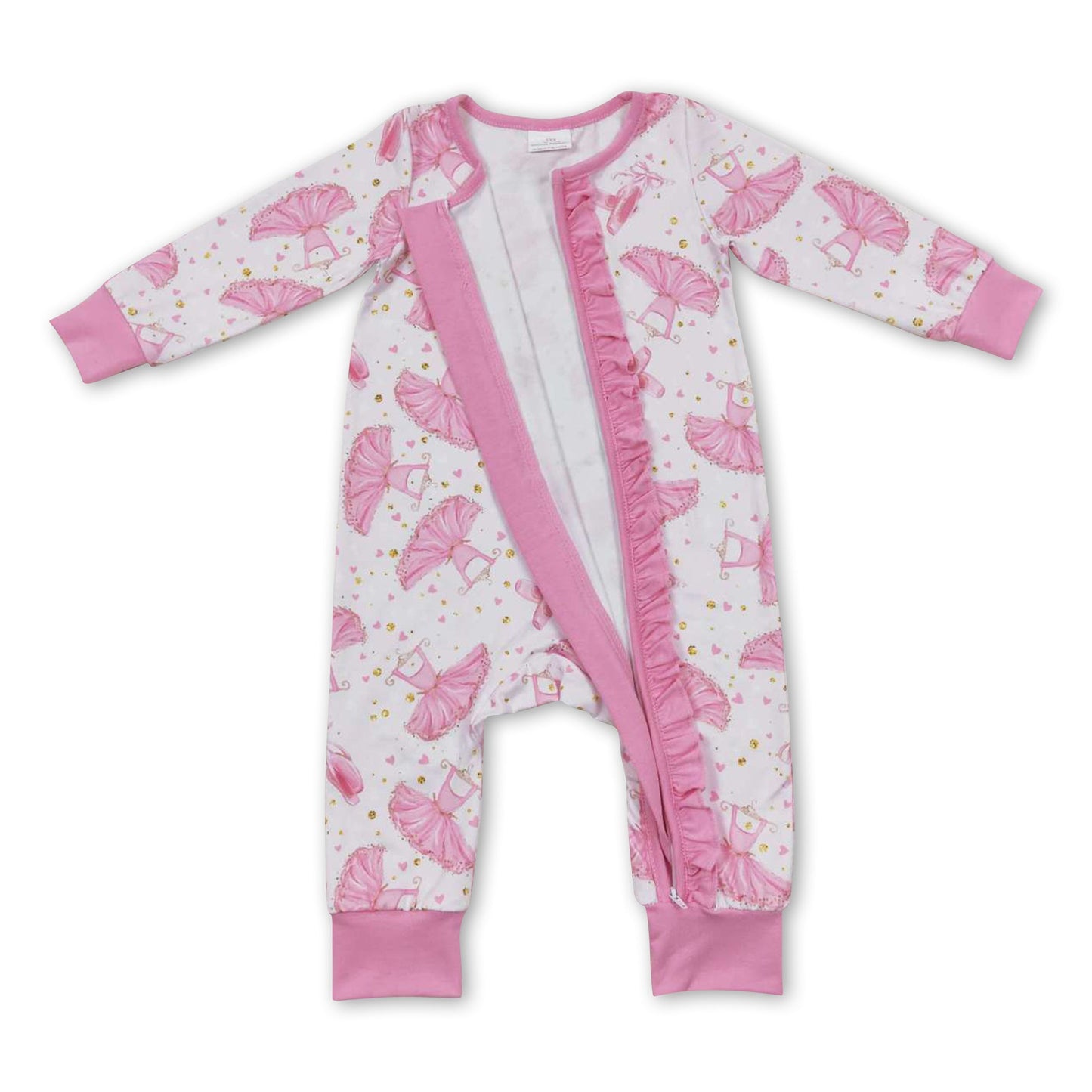 Pink dance ruffle long sleeves baby girls zipper romper ship from US