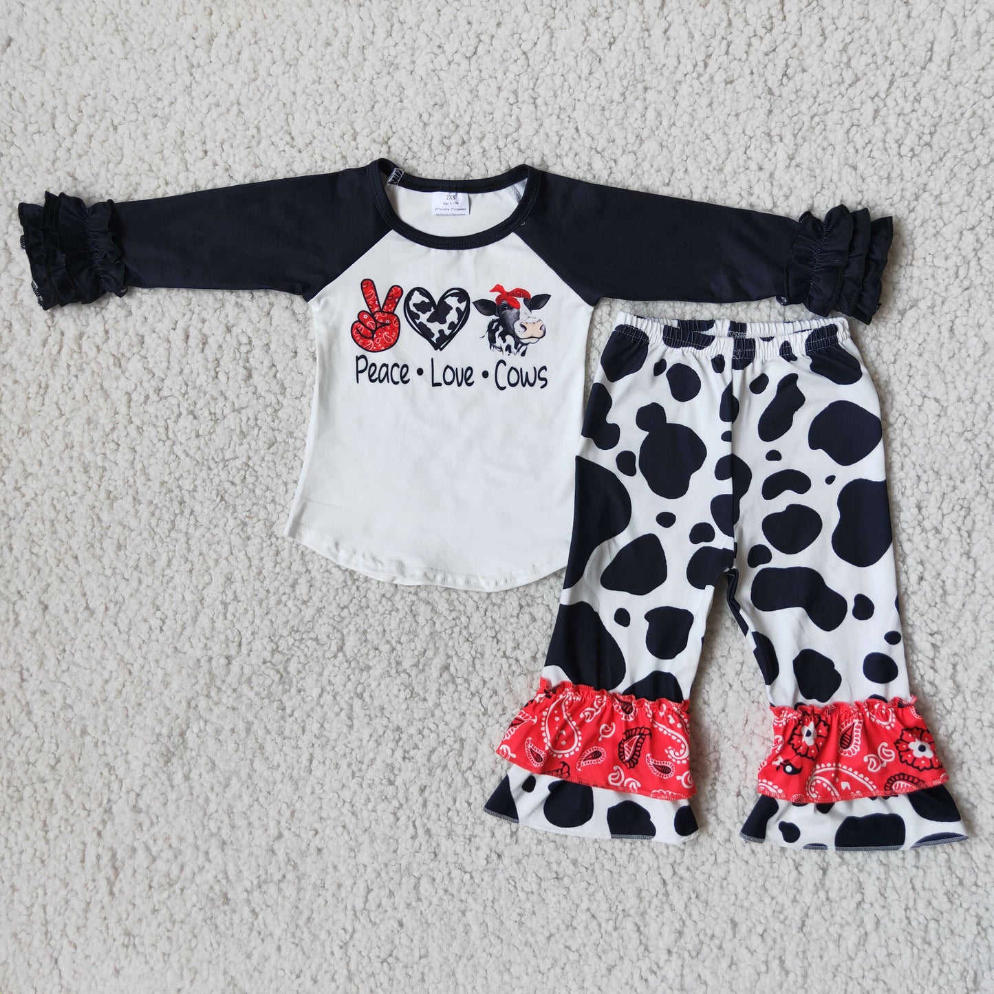 Peace love cows print ruffle pants girls clothing set