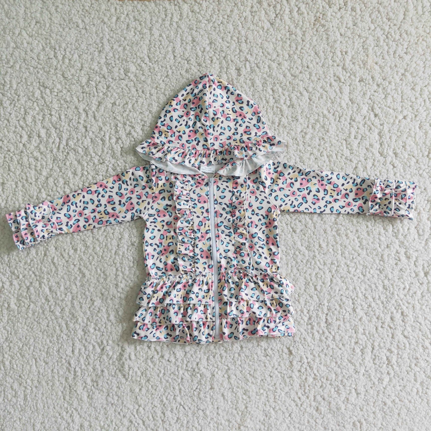 White colorful leopard zipper girls ruffle hoodie cardigan