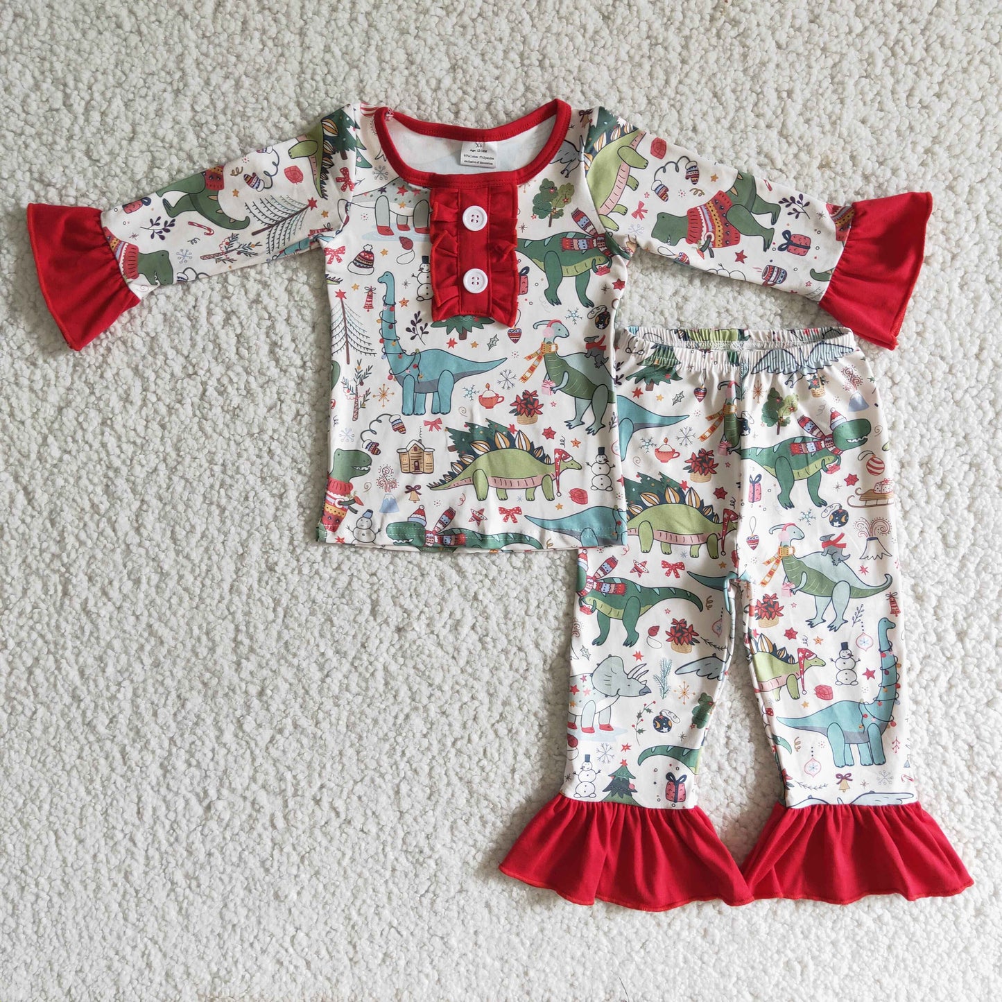 Dinosaur print ruffle girls Christmas pajamas
