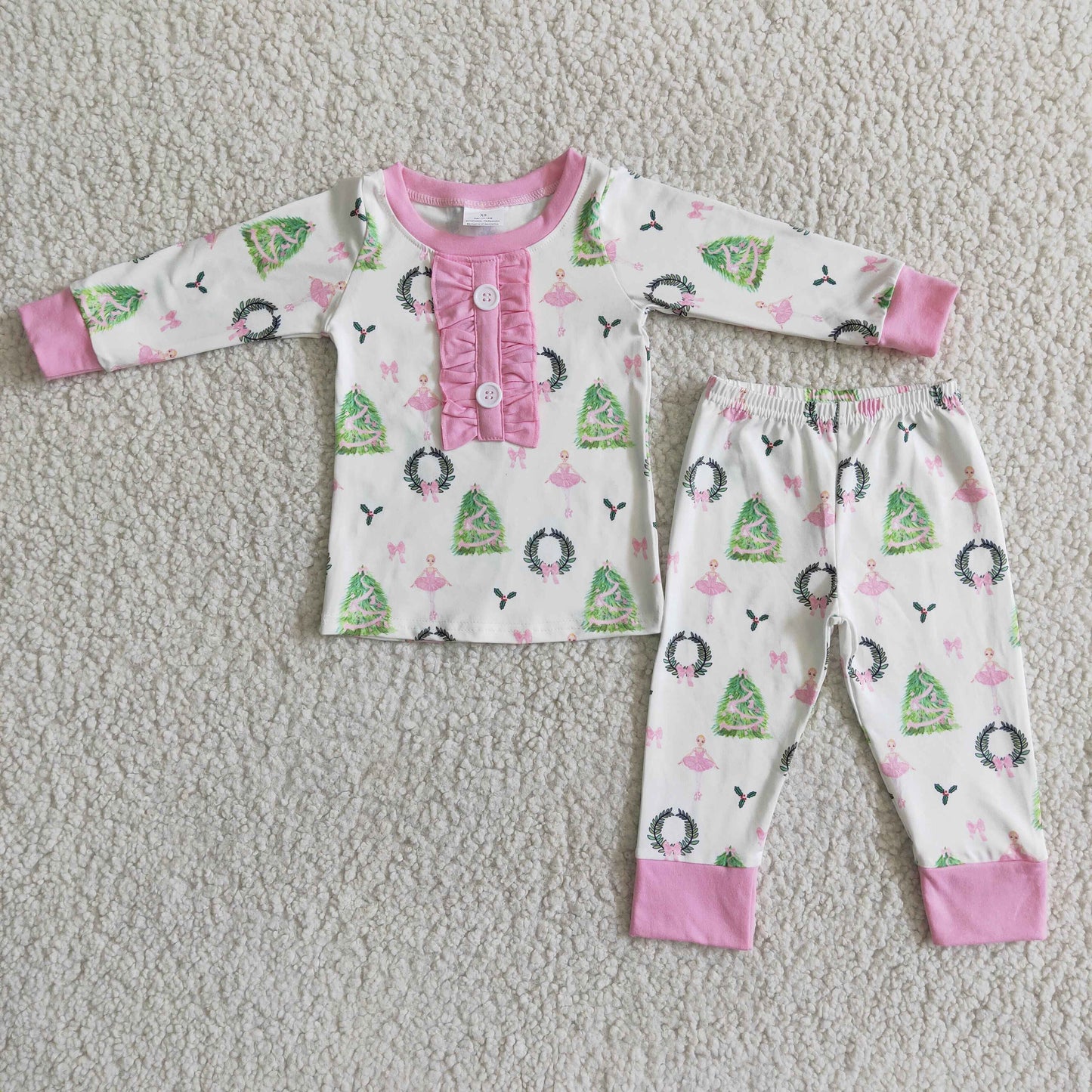 Pink Christmas tree print girls Christmas pajamas
