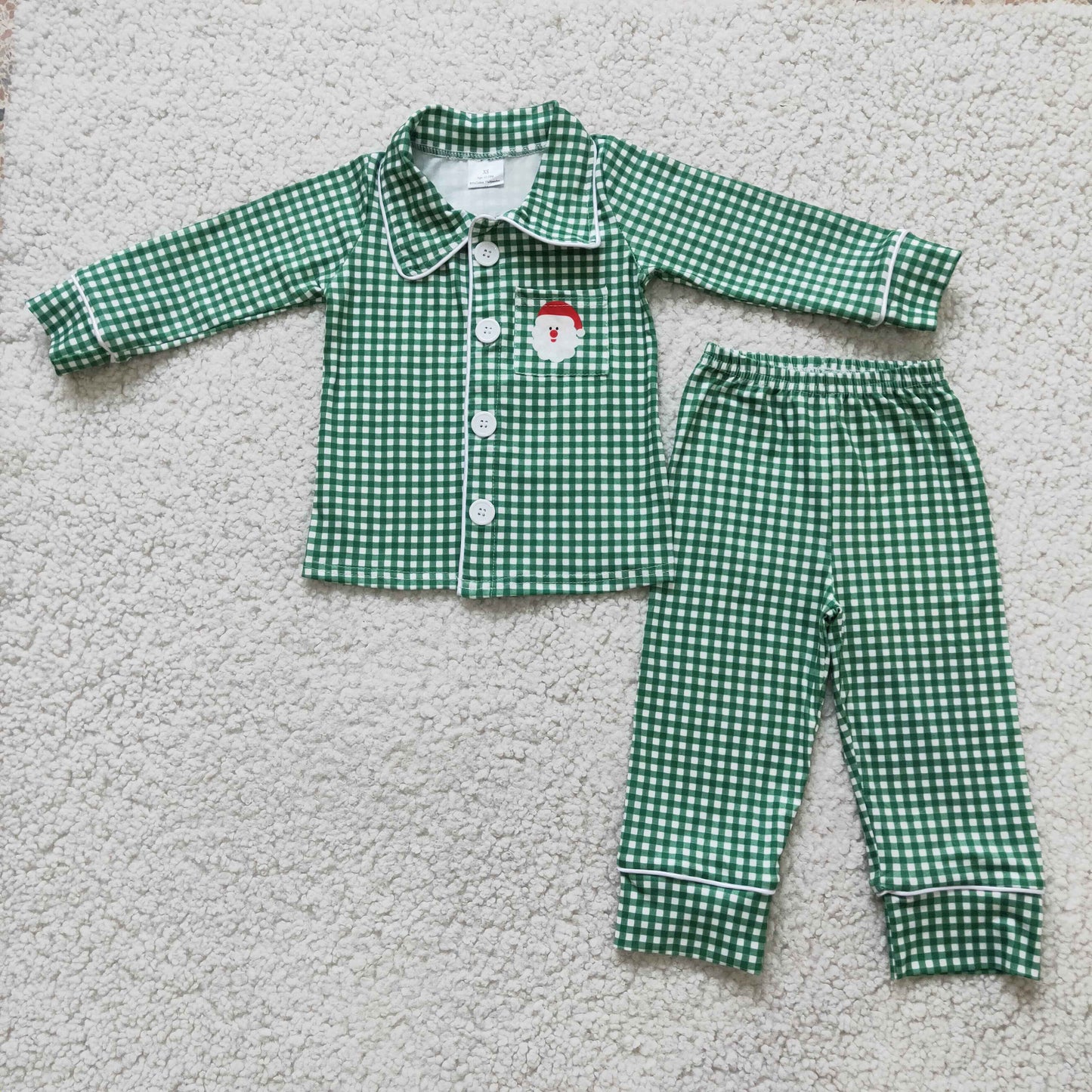 Green gingham santa pocket boy Christmas pajamas