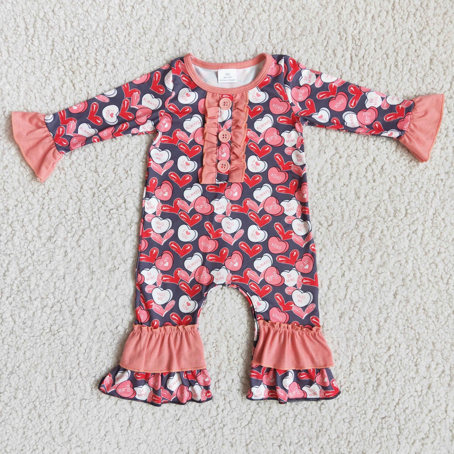 Heart print long sleeve baby girls valentine's romper
