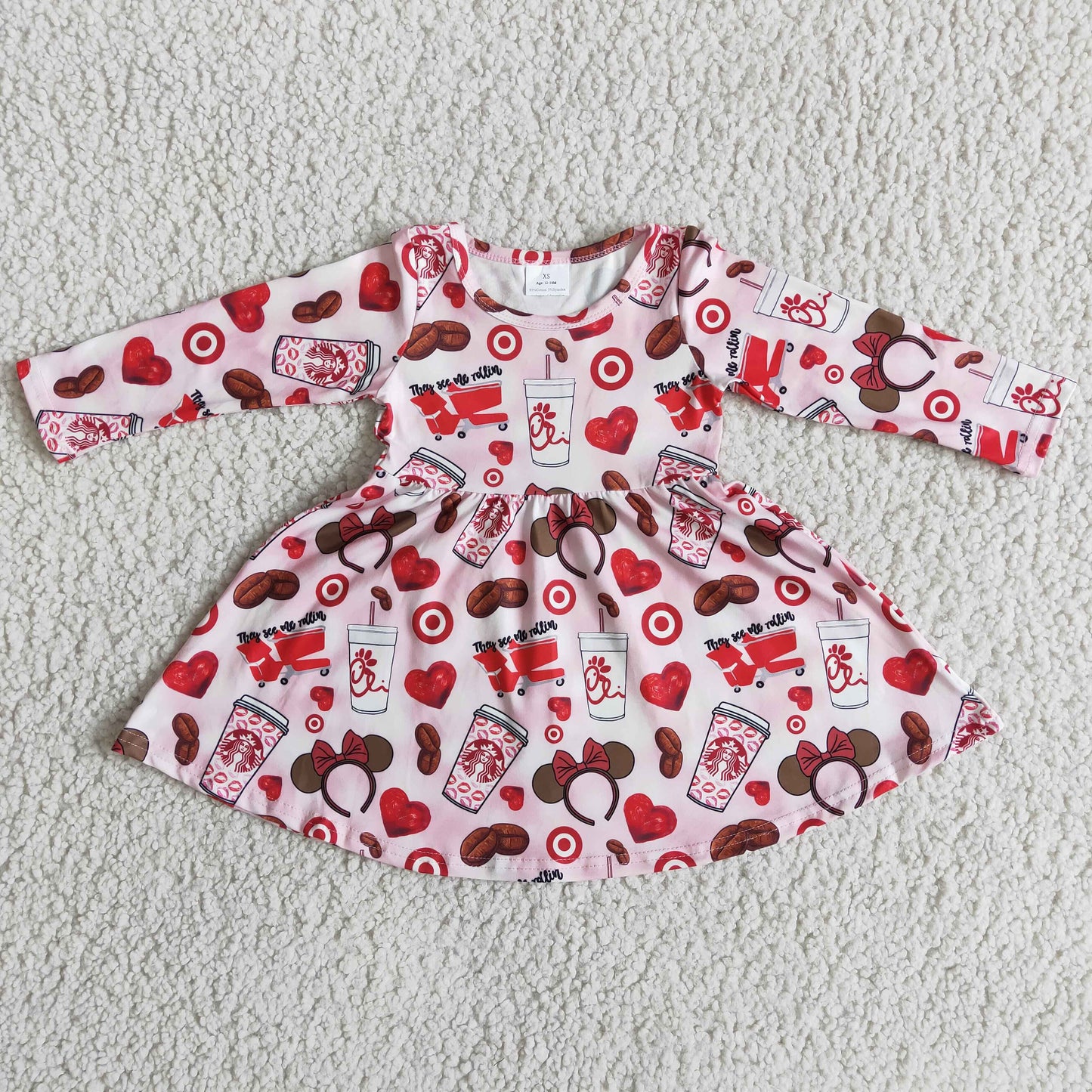 Long sleeve coffee drink cart girls twirl dresses