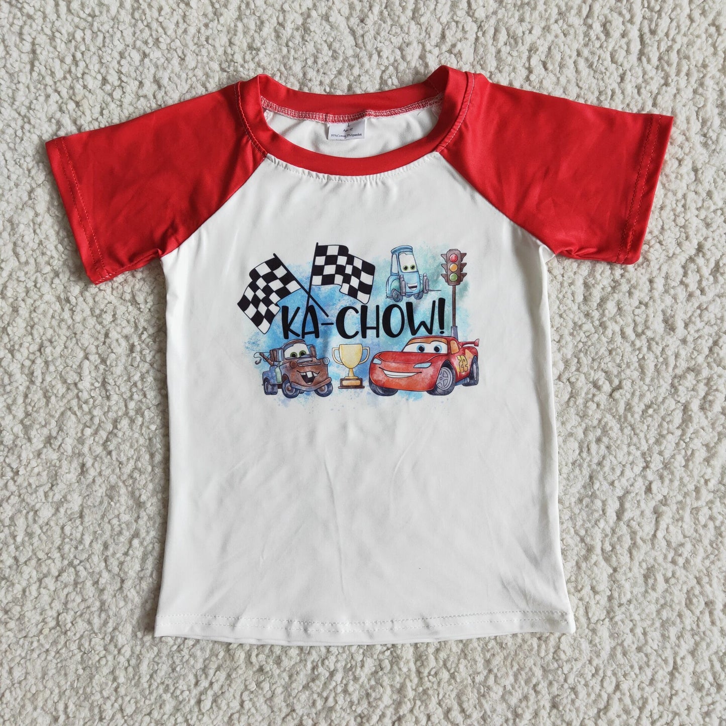 Red short sleeve screen car print boy shirt