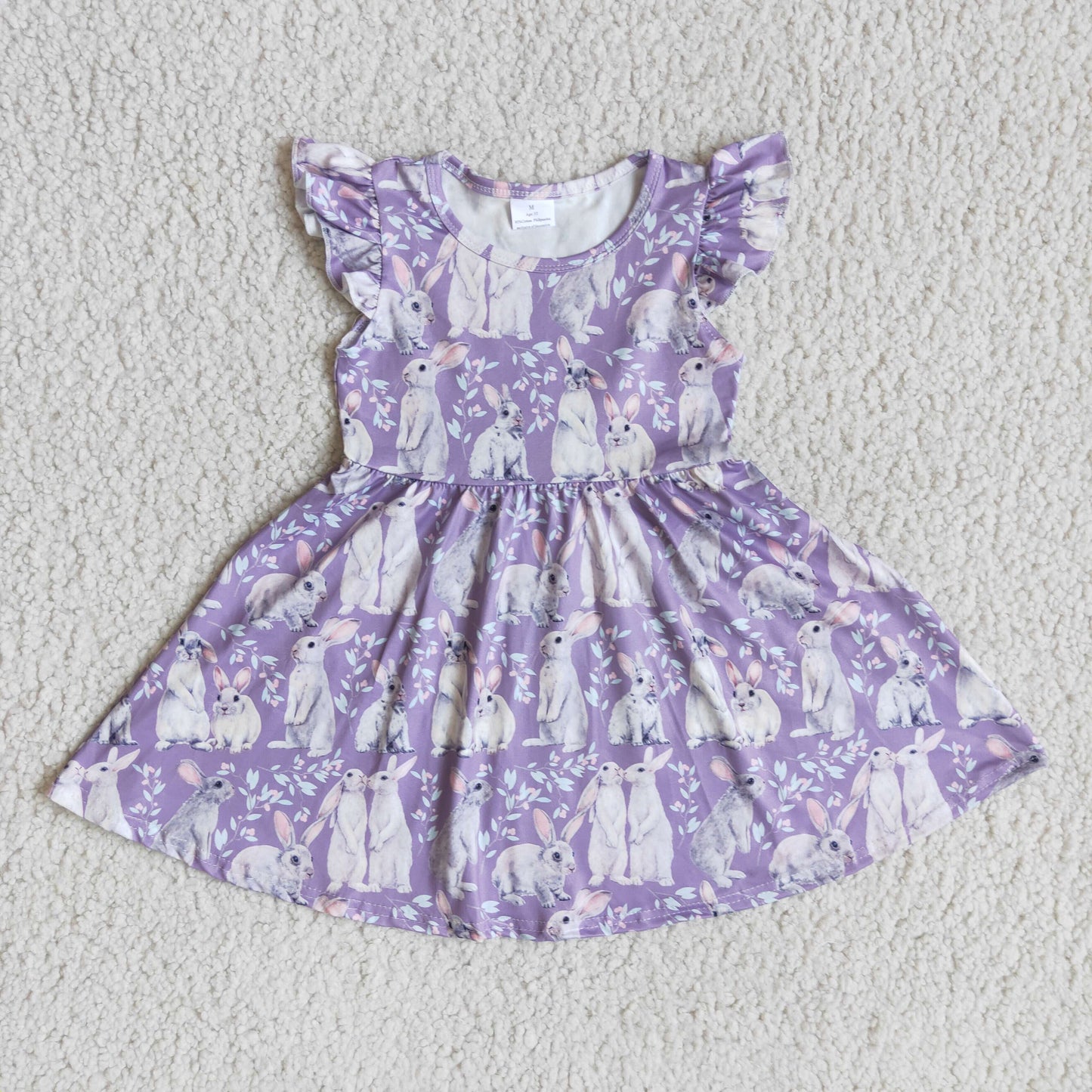 Flutter sleeve bunny print baby girls easter dresses