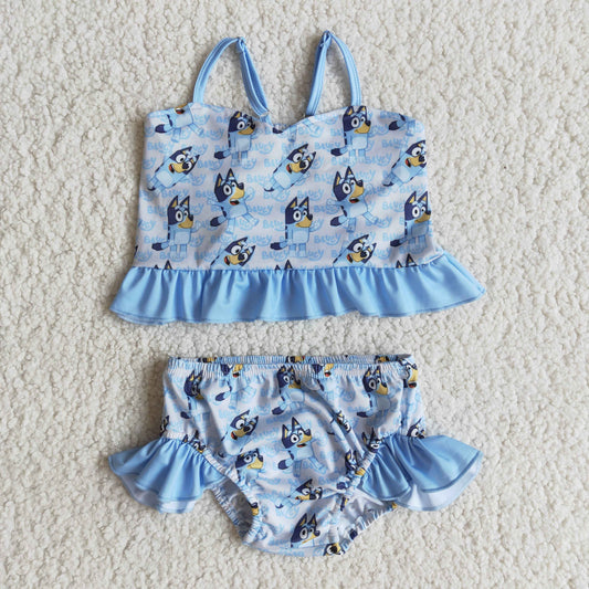 Blue dog print ruffle baby girls summer swimsuit