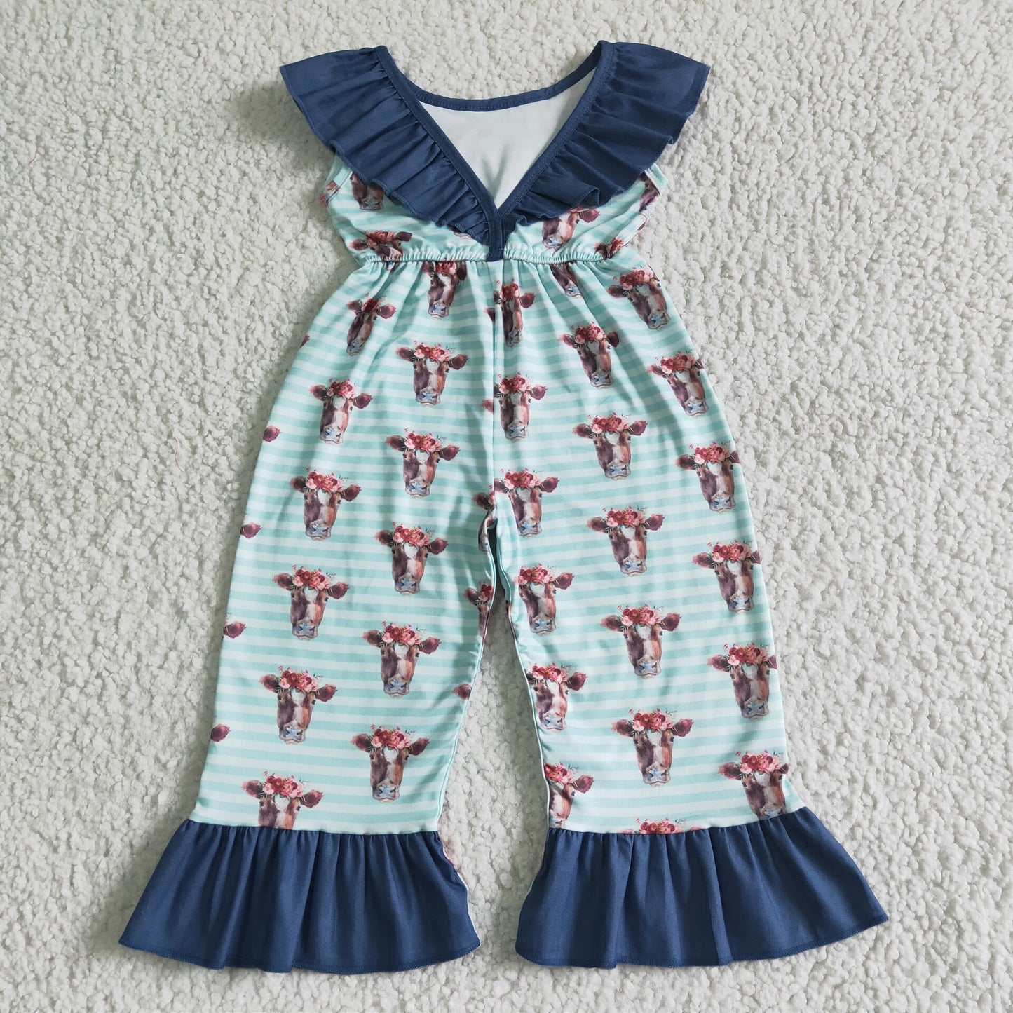 Ruffle collar backless cow print jumpsuit baby girls jumper