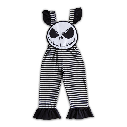 Skull embroidery black white stripe kids girls Halloween overalls