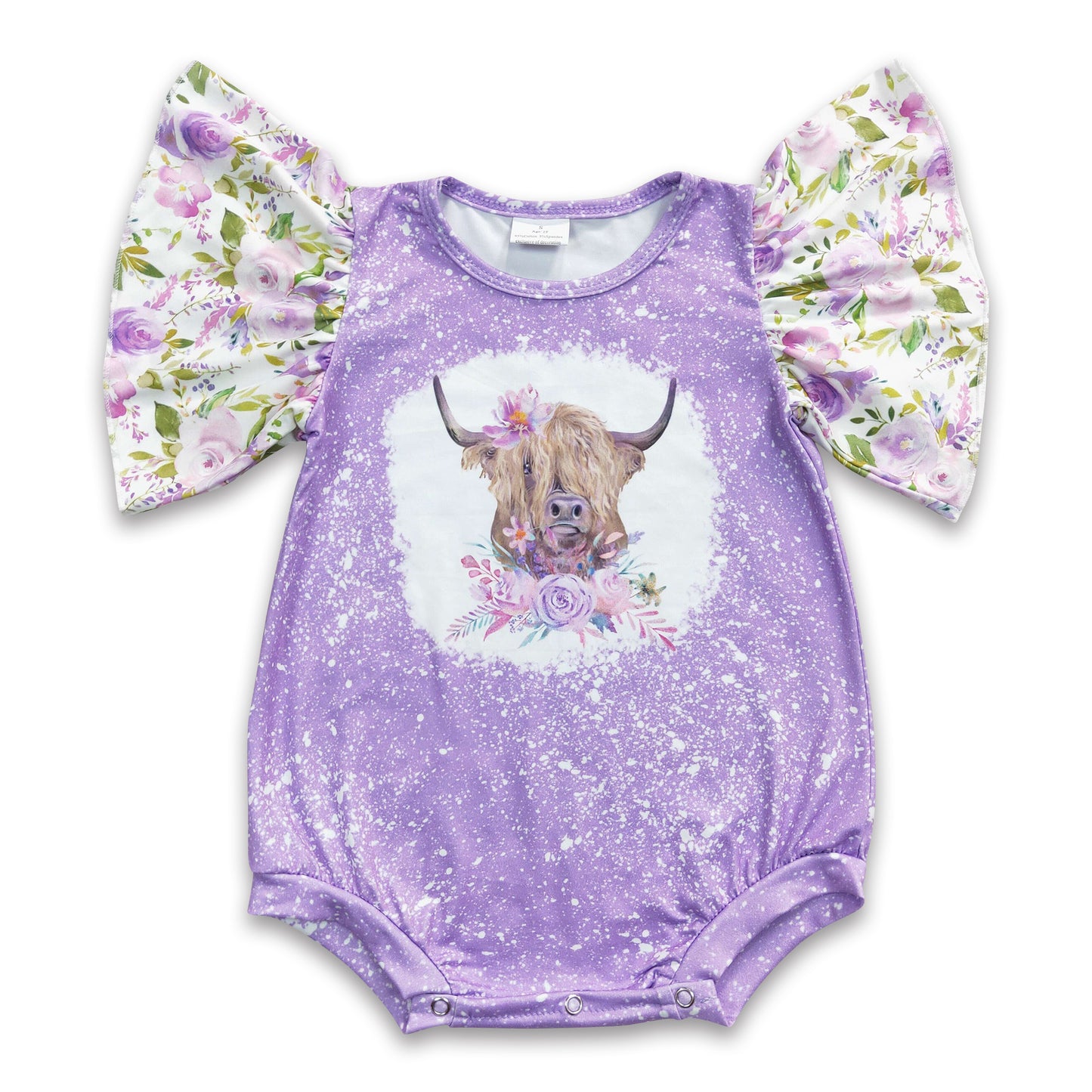 Lavender floral highland cow baby girls western romper