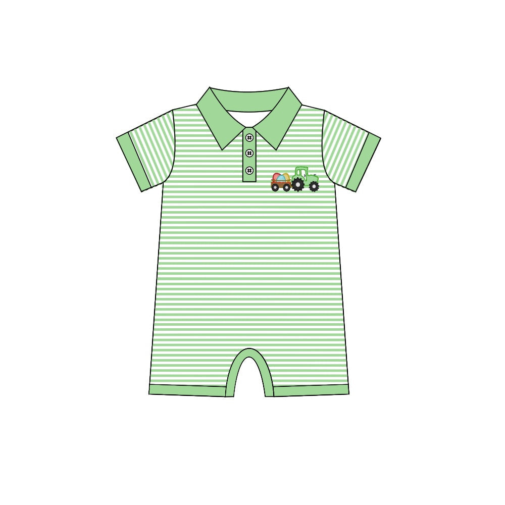Short sleeves green stripe egg truck boy easter romper