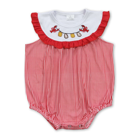 Crawfish corn embroidery stripe baby girls romper