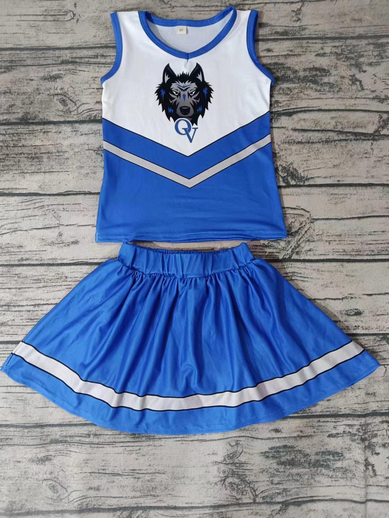 MOQ 3 pcs O V white blue top skirt girls cheer clothes