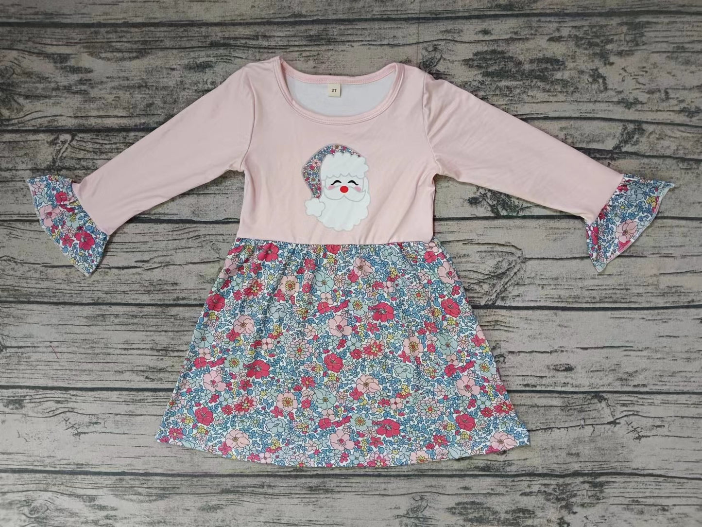 MOQ 3 pcs santa floral ruffle long sleeves girls Christmas dress