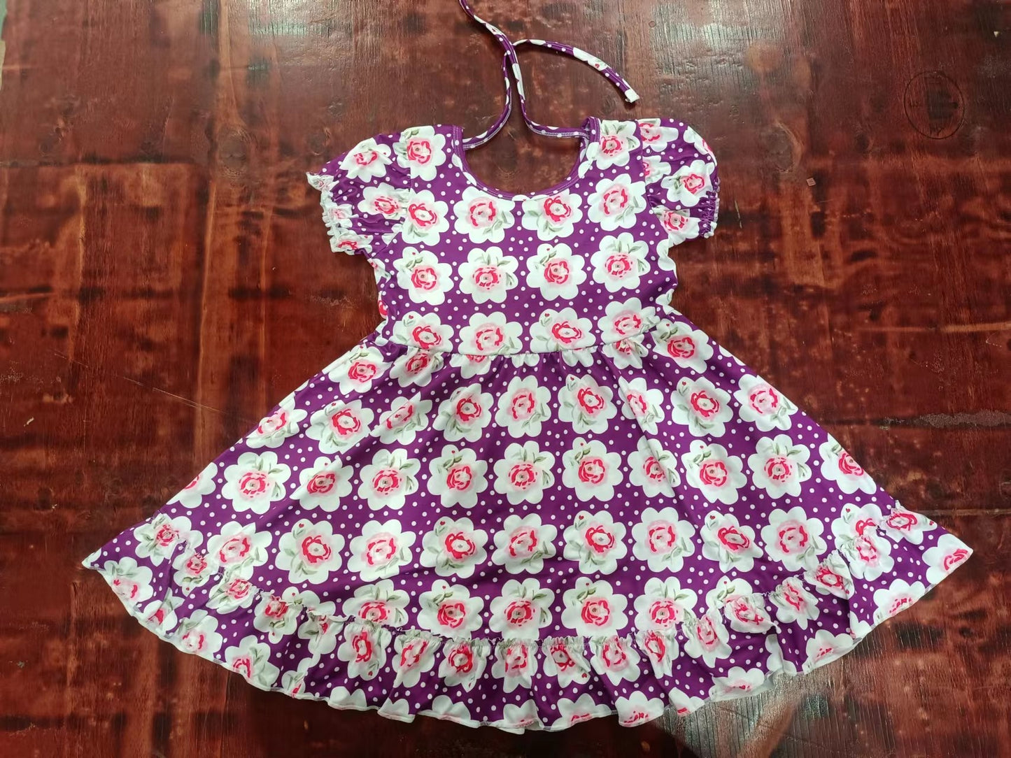 MOQ 3 pcs short sleeves purple floral girls twirl dresses