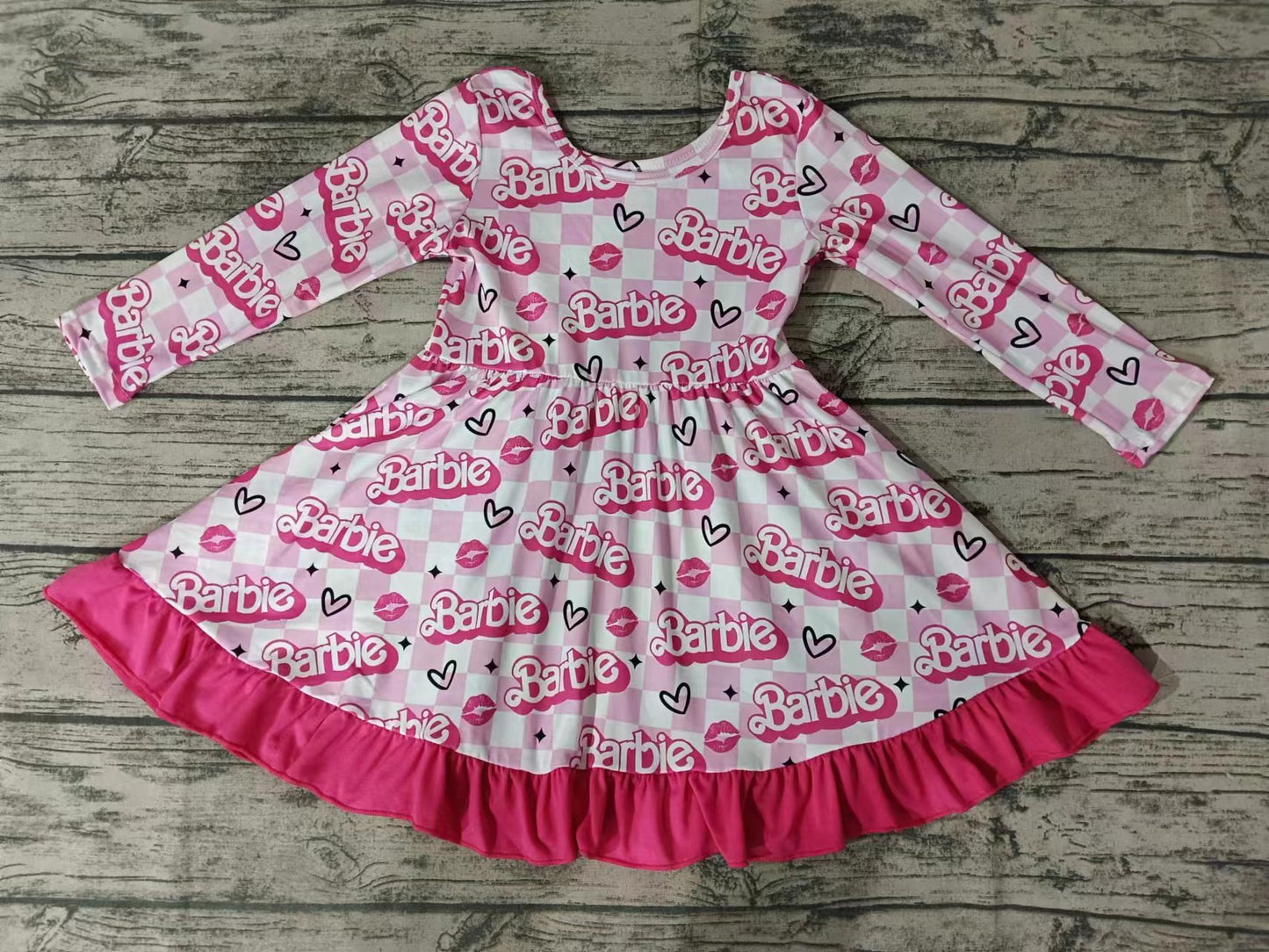 MOQ 3 pcs Pink plaid ruffle long sleeves party girls dresses