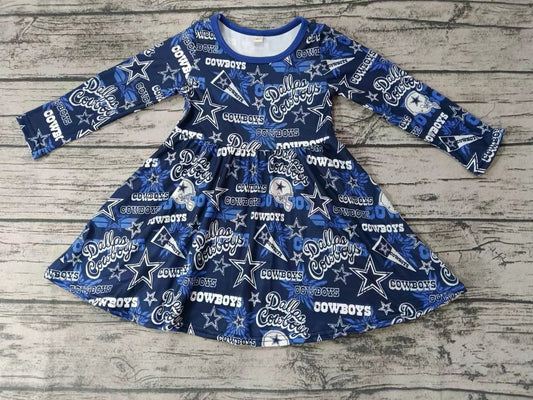 MOQ 3 pcs long sleeves blue cowboy star girls team dresses