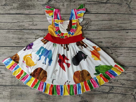 MOQ 3 pcs flutter sleeves colorful stripe ruffle animal girls dress