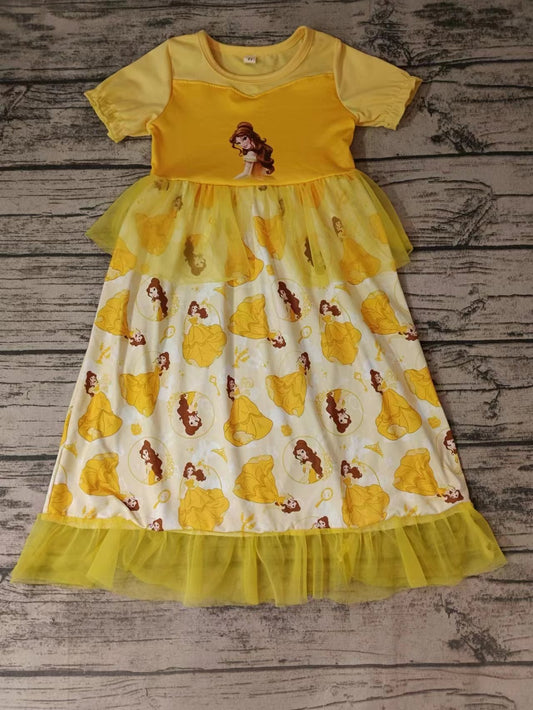 MOQ 3 pcs yellow short sleeves princess tulle girls dresses