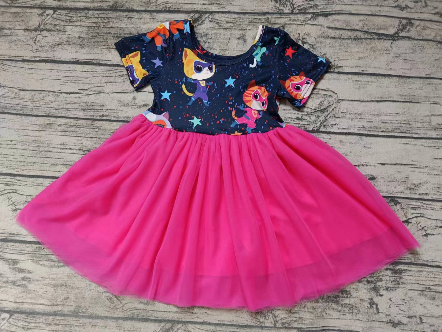 MOQ 3 pcs short sleeves hot pink tulle kids girls dresses