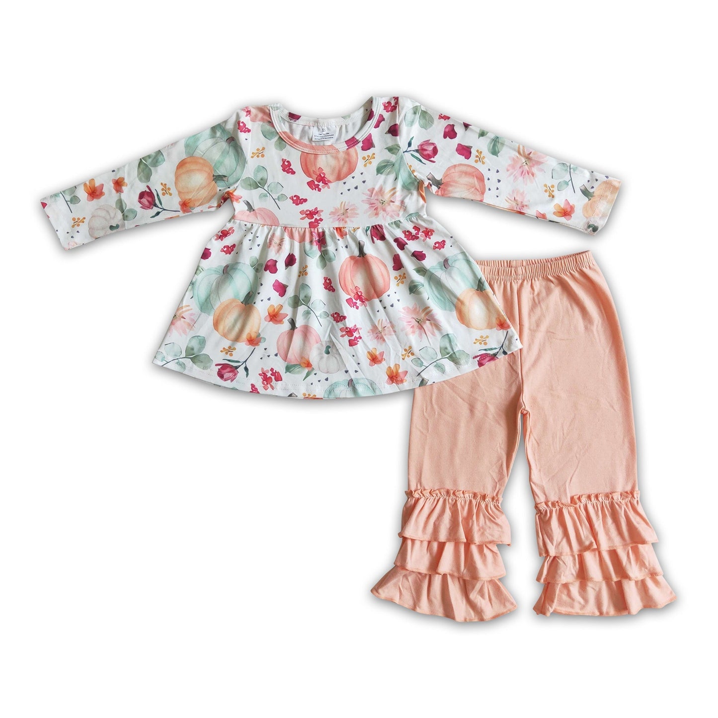 Long sleeve pumpkin print triple ruffle pants girls fall clothing