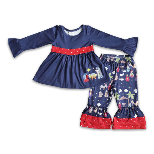 Navy Nativity print belt tunic ruffle pants kids girls Christmas clothes