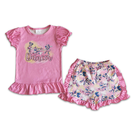 Dancer pink shirt mouse ruffle shorts girls cute summer outfits