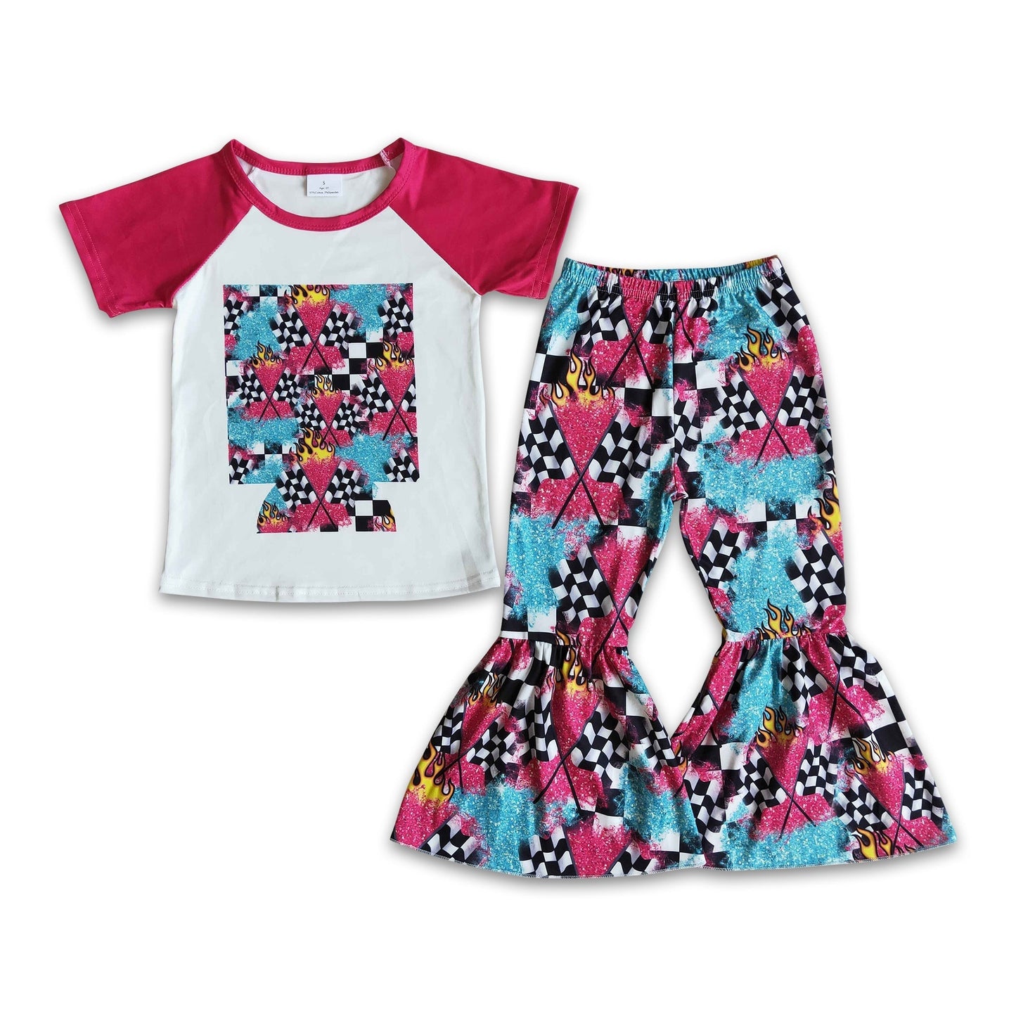 Short sleeve flag print shirt bell bottom pants girls clothes