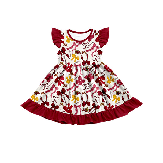 MOQ 3 pcs flutter sleeves M maroon bows girls team dress