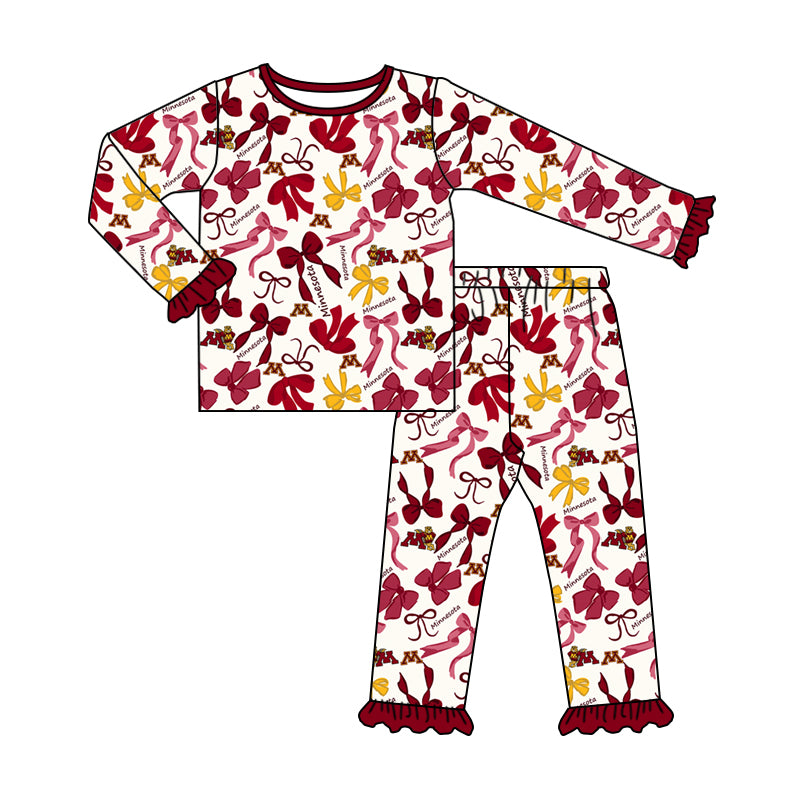 MOQ 3 Long sleeves M red yellow bow kids girls team pajamas