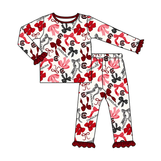 MOQ 3 Long sleeves maroon bow kids girls team pajamas